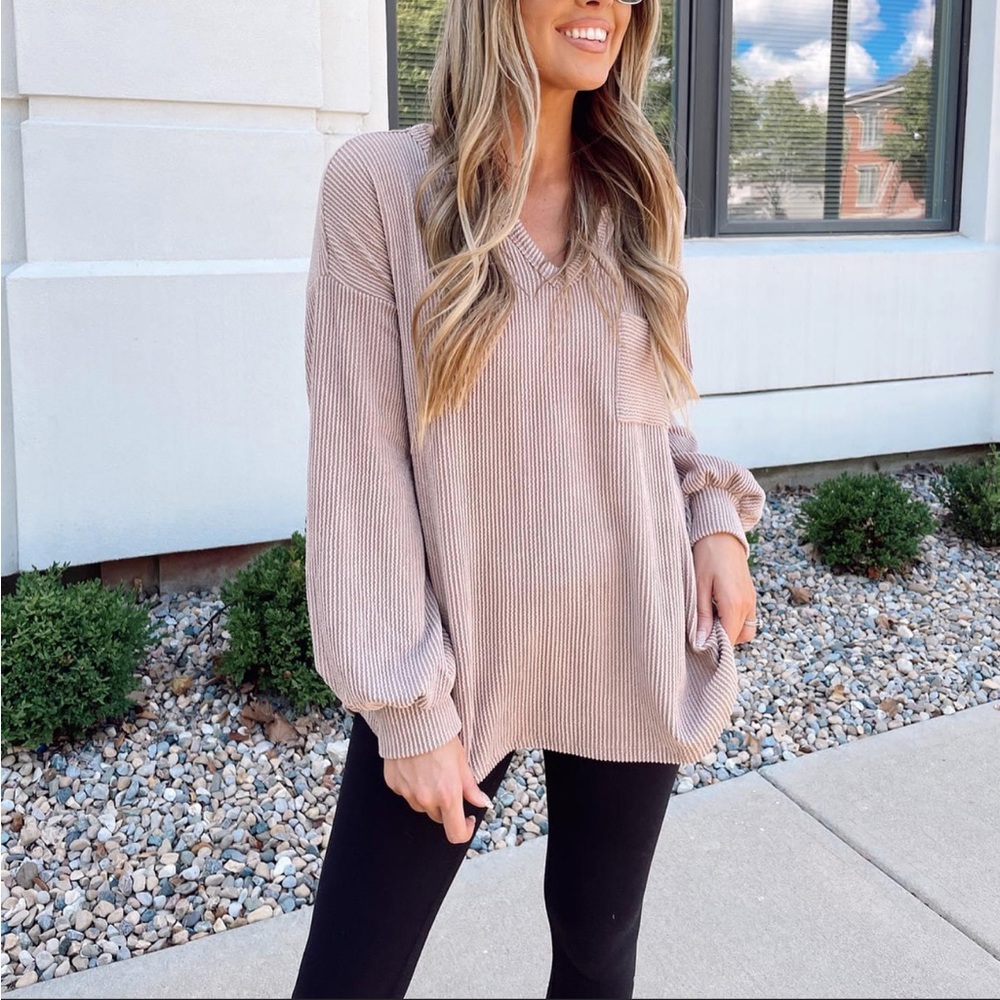 Wavy Two Tone Rib Oversized Top with pocket in Oatmeal